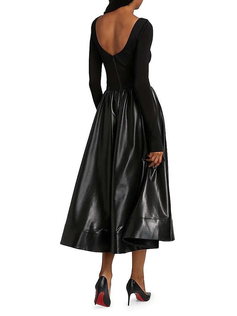 Chara Knit & Faux-Leather Long-Sleeve Midi-Dress