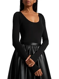Chara Knit & Faux-Leather Long-Sleeve Midi-Dress