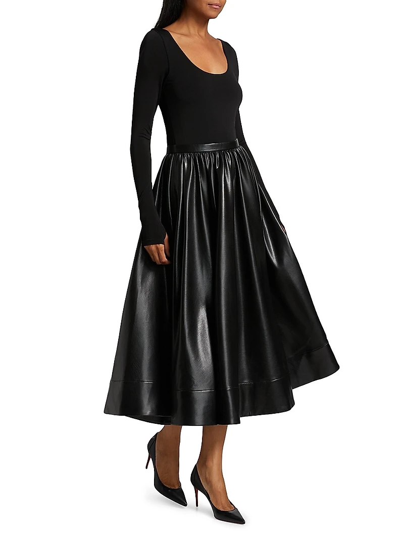 Chara Knit & Faux-Leather Long-Sleeve Midi-Dress