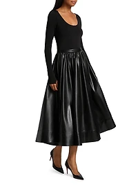 Chara Knit & Faux-Leather Long-Sleeve Midi-Dress