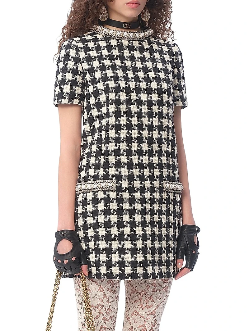 Embroidered Damier Light Tweed Short Dress