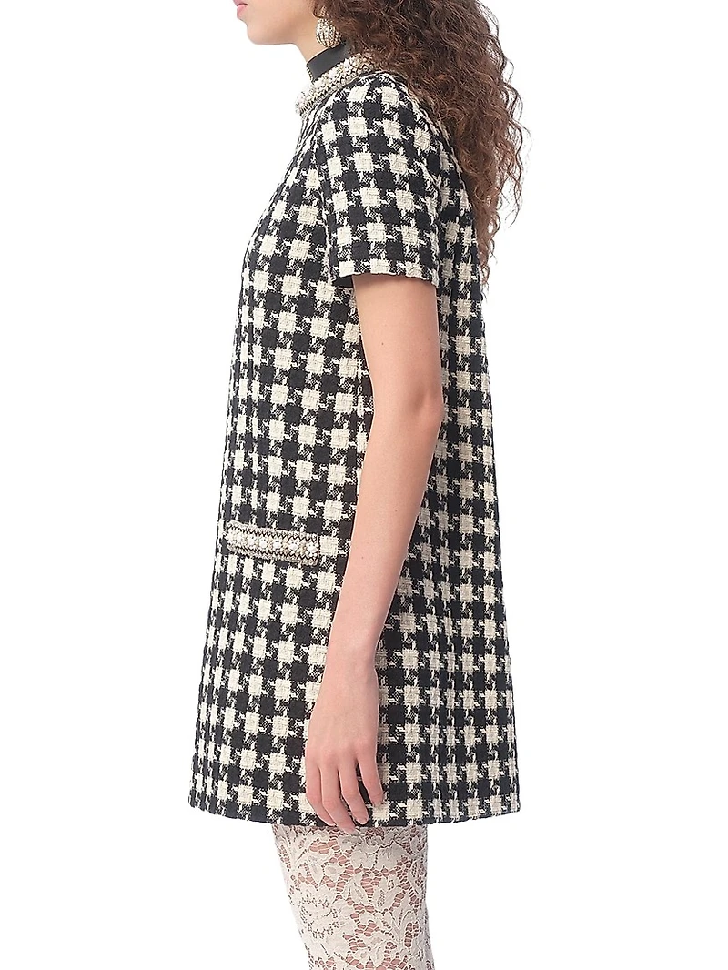 Embroidered Damier Light Tweed Short Dress