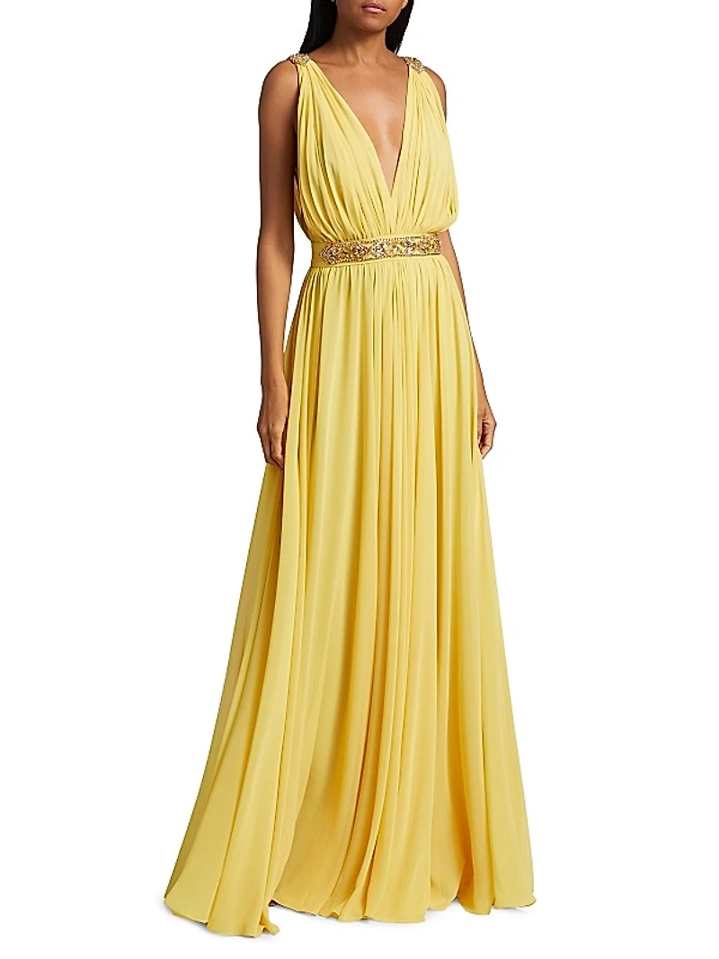 Embellished Chiffon V-Neck Gown