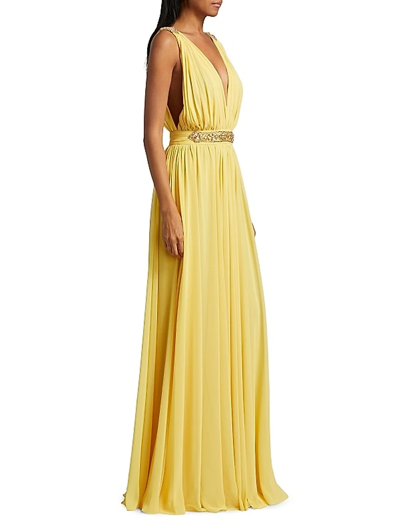 Embellished Chiffon V-Neck Gown