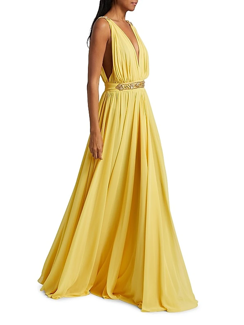 Embellished Chiffon V-Neck Gown