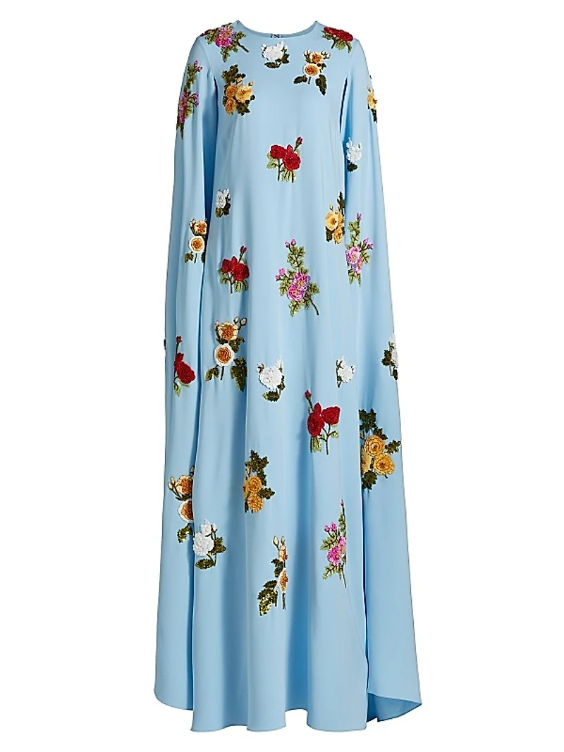 Embellished Rose-Embroidered Georgette Caftan Gown