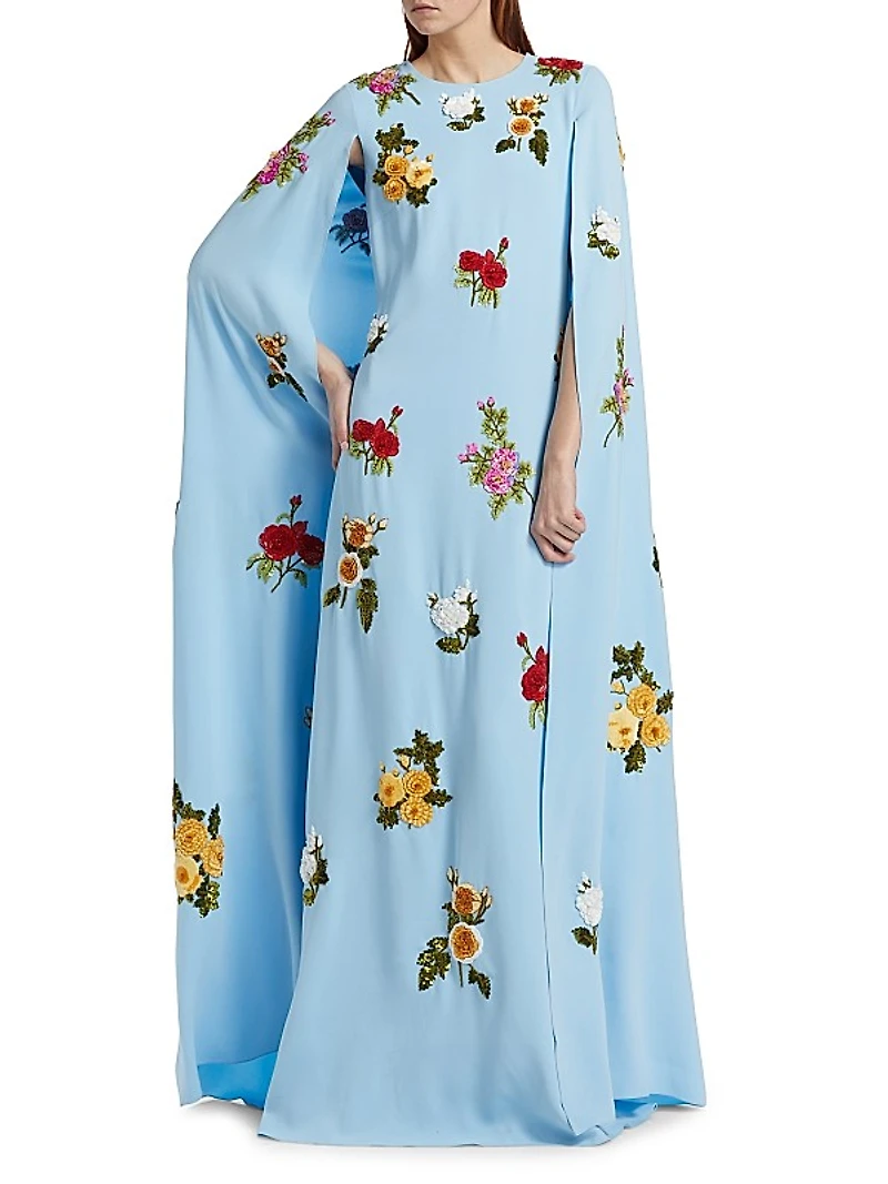 Embellished Rose-Embroidered Georgette Caftan Gown