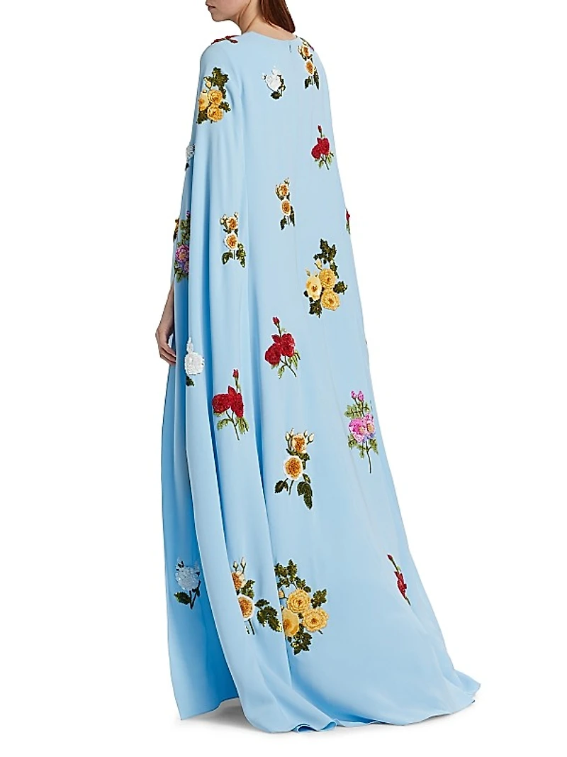 Embellished Rose-Embroidered Georgette Caftan Gown