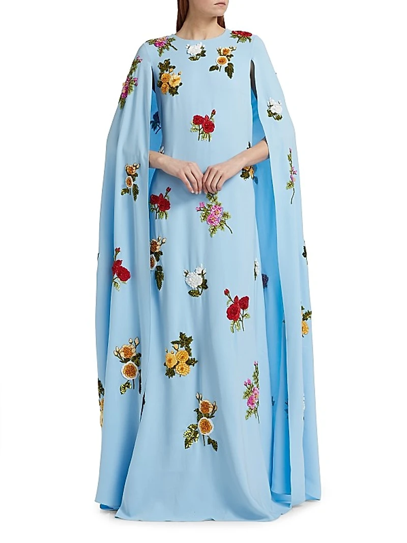 Embellished Rose-Embroidered Georgette Caftan Gown