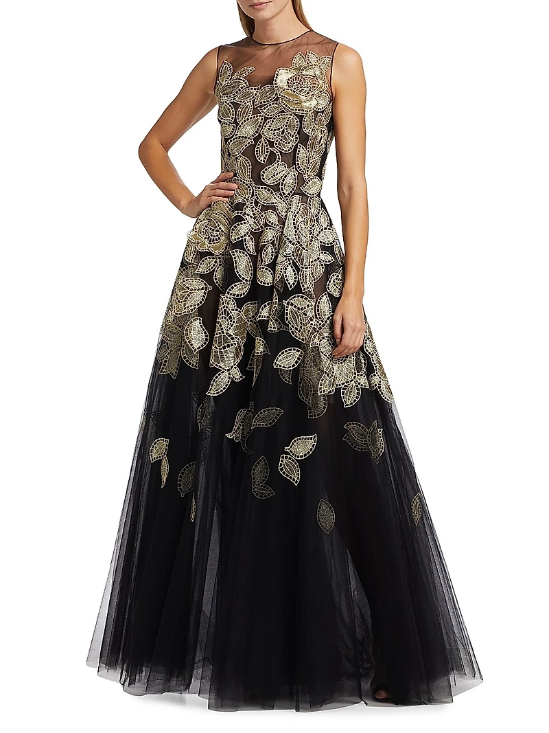 Gold Foil Rose Appliqué Gown