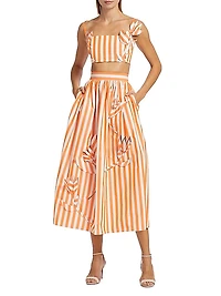 Striped Appliqué Cotton A-Line Midi-Skirt
