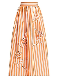 Striped Appliqué Cotton A-Line Midi-Skirt