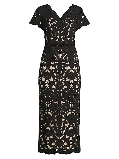 Floral Crepe Laser-Cut Midi-Dress