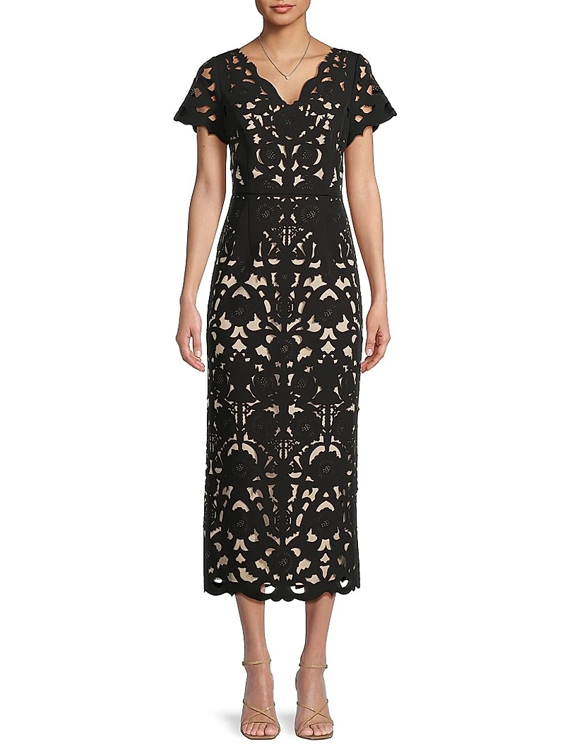 Floral Crepe Laser-Cut Midi-Dress