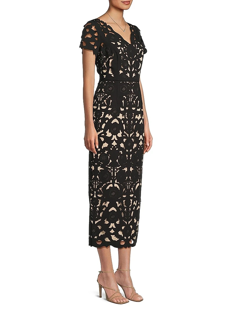 Floral Crepe Laser-Cut Midi-Dress
