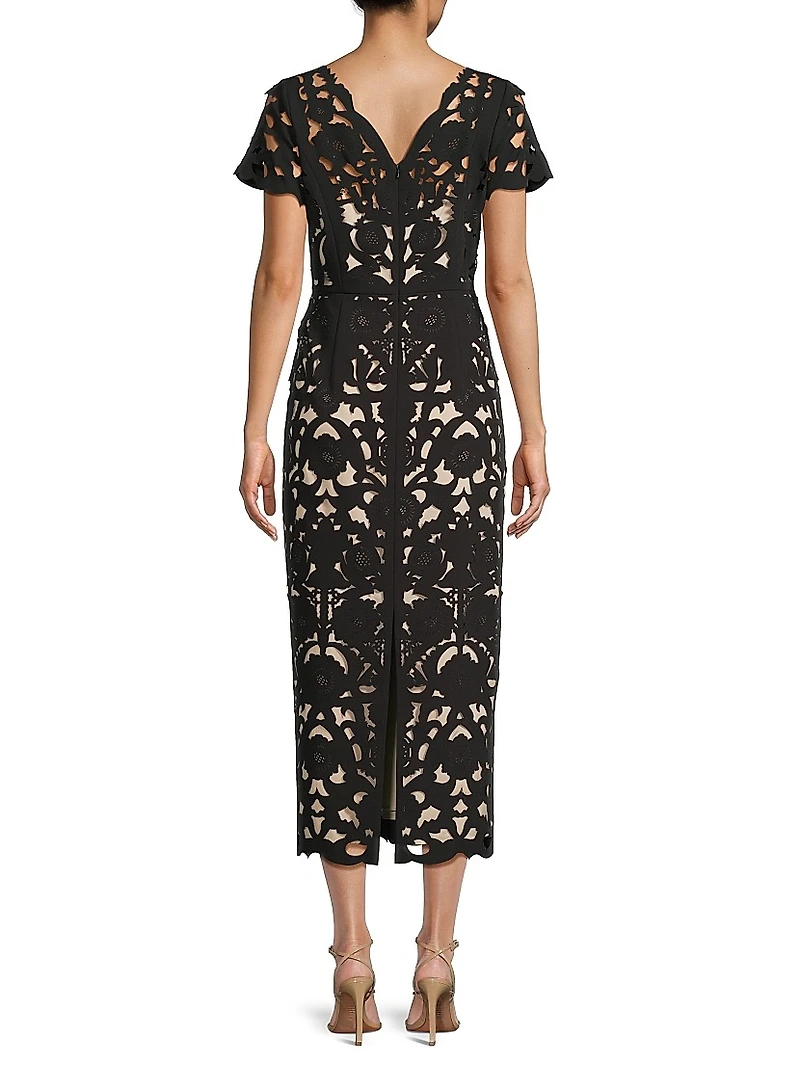 Floral Crepe Laser-Cut Midi-Dress