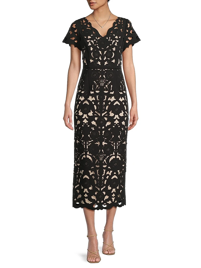 Floral Crepe Laser-Cut Midi-Dress