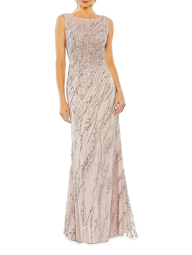 Evening Sleeveless Boatneck Sequin Beaded Gown