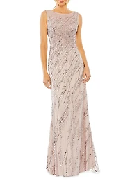 Evening Sleeveless Boatneck Sequin Beaded Gown