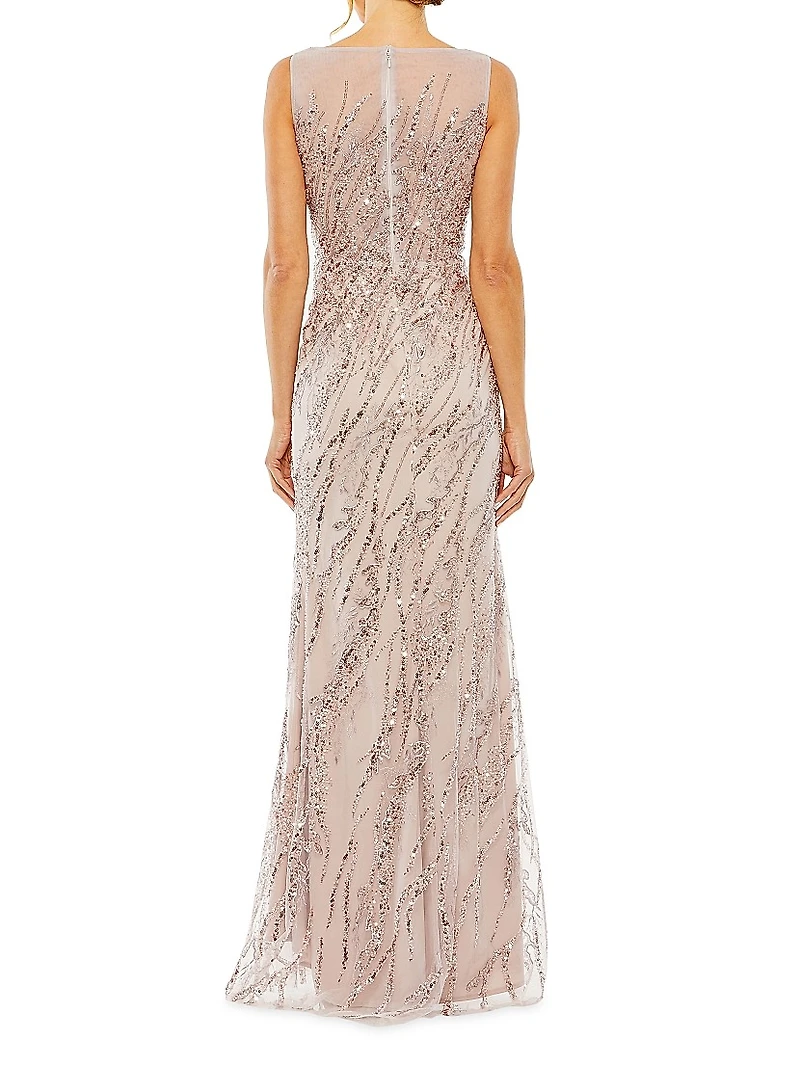 Evening Sleeveless Boatneck Sequin Beaded Gown