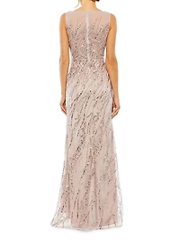 Evening Sleeveless Boatneck Sequin Beaded Gown