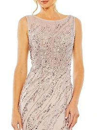 Evening Sleeveless Boatneck Sequin Beaded Gown