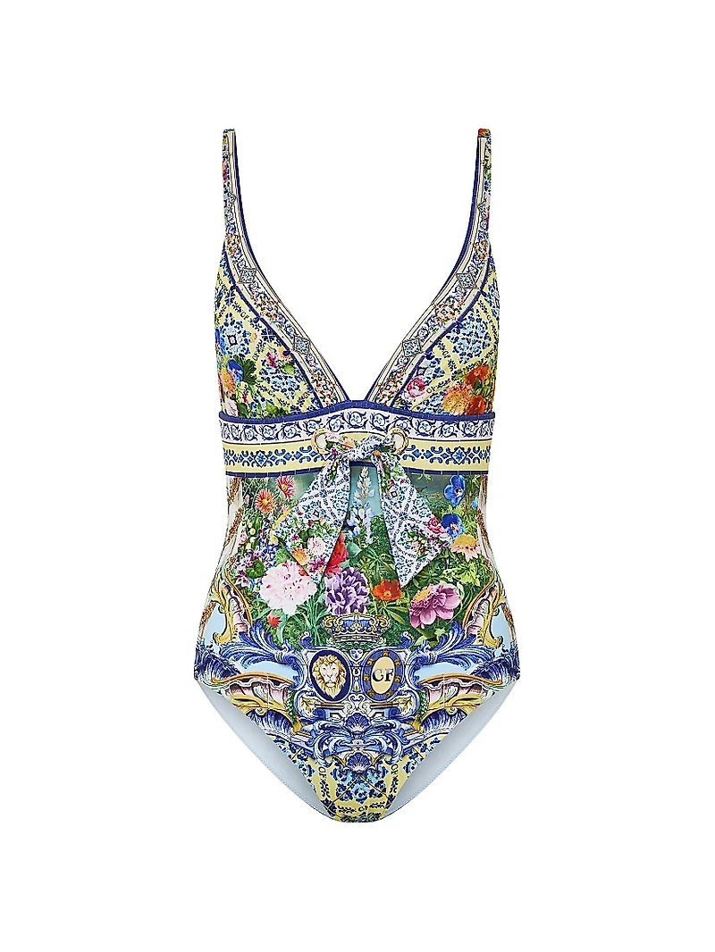 Printed Eyelet Tie One-Piece Swimsuit