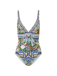Printed Eyelet Tie One-Piece Swimsuit