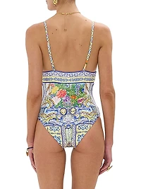 Printed Eyelet Tie One-Piece Swimsuit