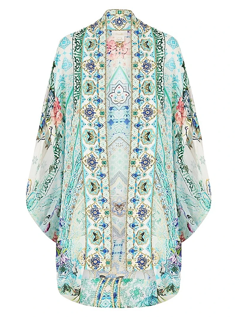 Floral Silk Open-Front Cardigan
