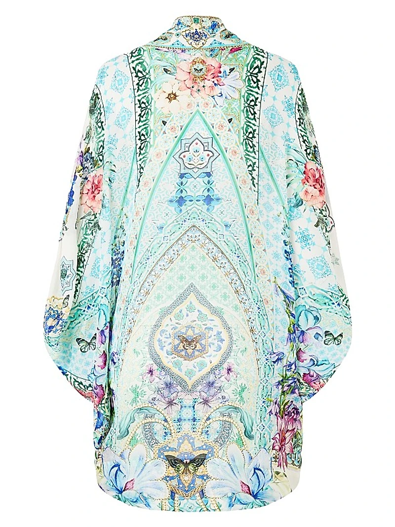 Floral Silk Open-Front Cardigan