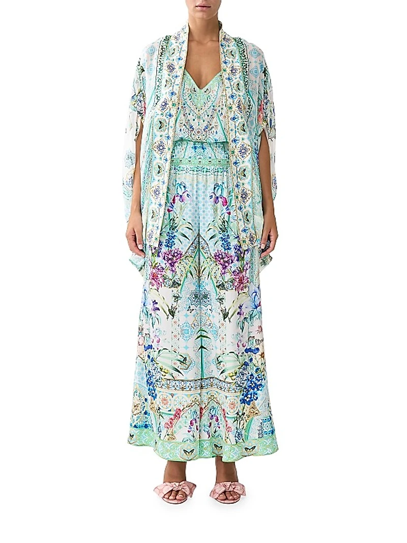 Floral Silk Open-Front Cardigan