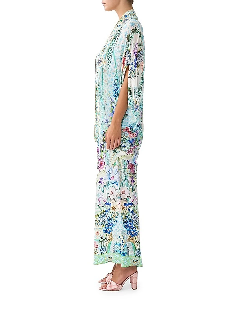 Floral Silk Open-Front Cardigan