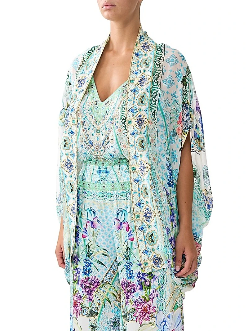 Floral Silk Open-Front Cardigan