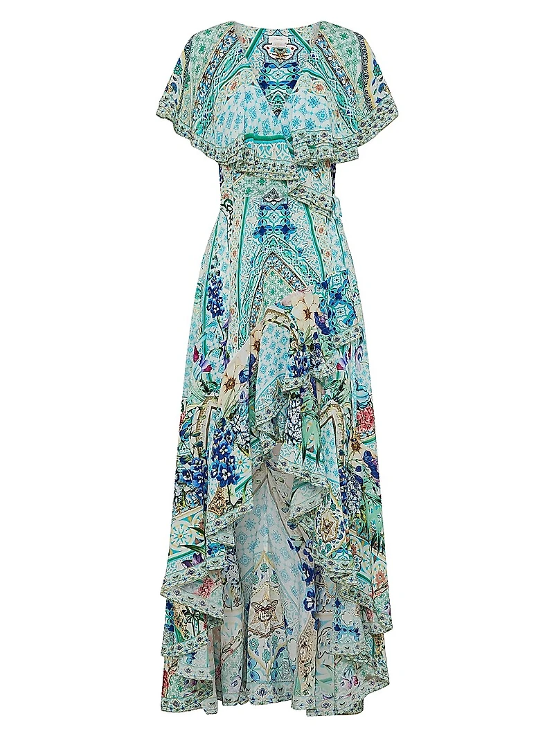 Frill-Sleeve Silk Maxi Dress