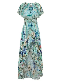 Frill-Sleeve Silk Maxi Dress