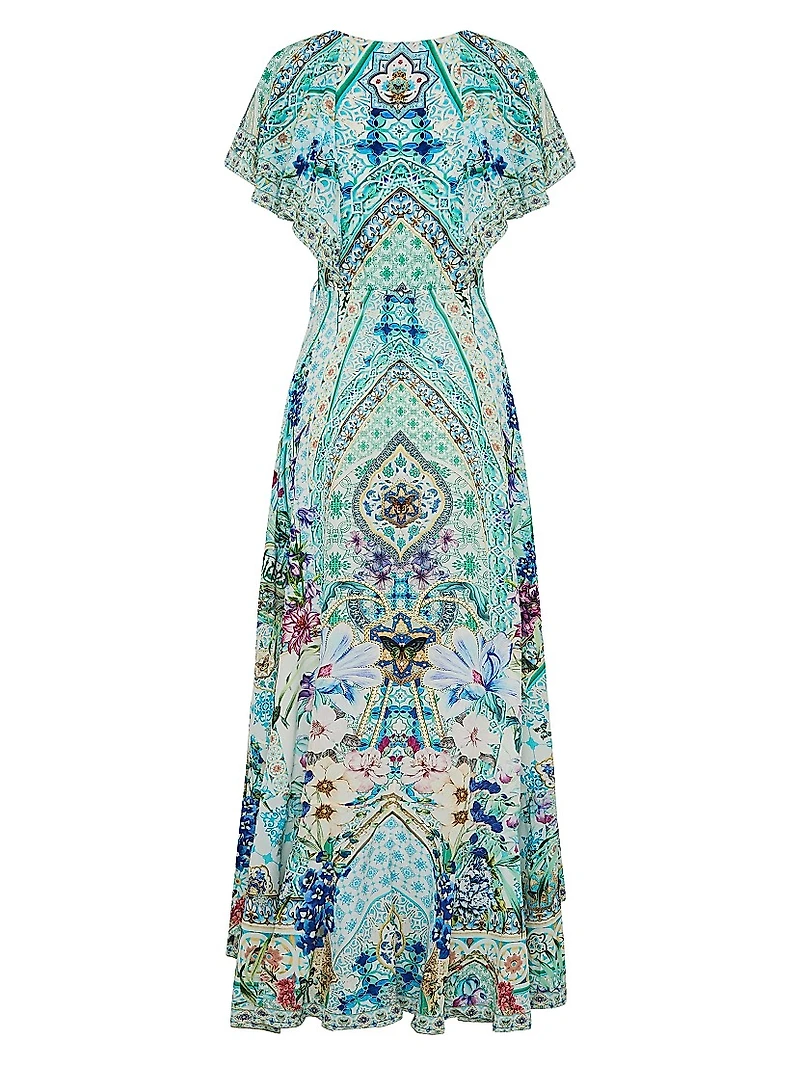 Frill-Sleeve Silk Maxi Dress