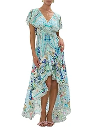 Frill-Sleeve Silk Maxi Dress