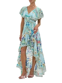 Frill-Sleeve Silk Maxi Dress