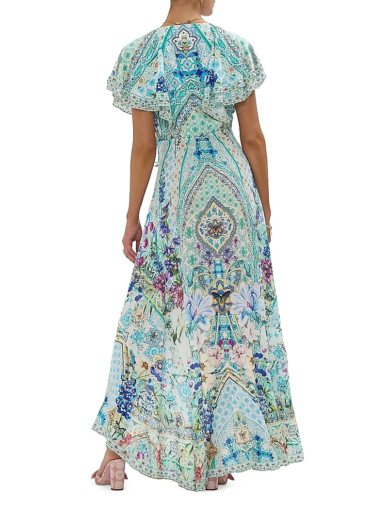 Frill-Sleeve Silk Maxi Dress