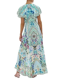 Frill-Sleeve Silk Maxi Dress