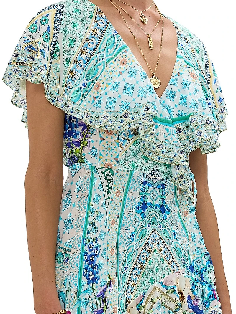 Frill-Sleeve Silk Maxi Dress