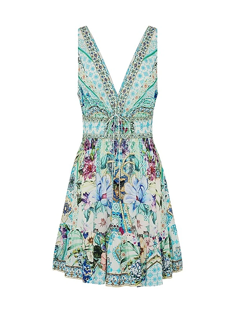 Shirred Waist Silk Minidress