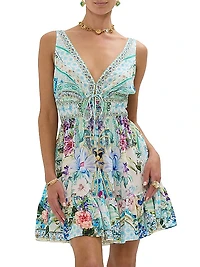Shirred Waist Silk Minidress