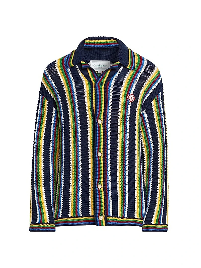 Striped Crocheted Cotton-Blend Long-Sleeve Top