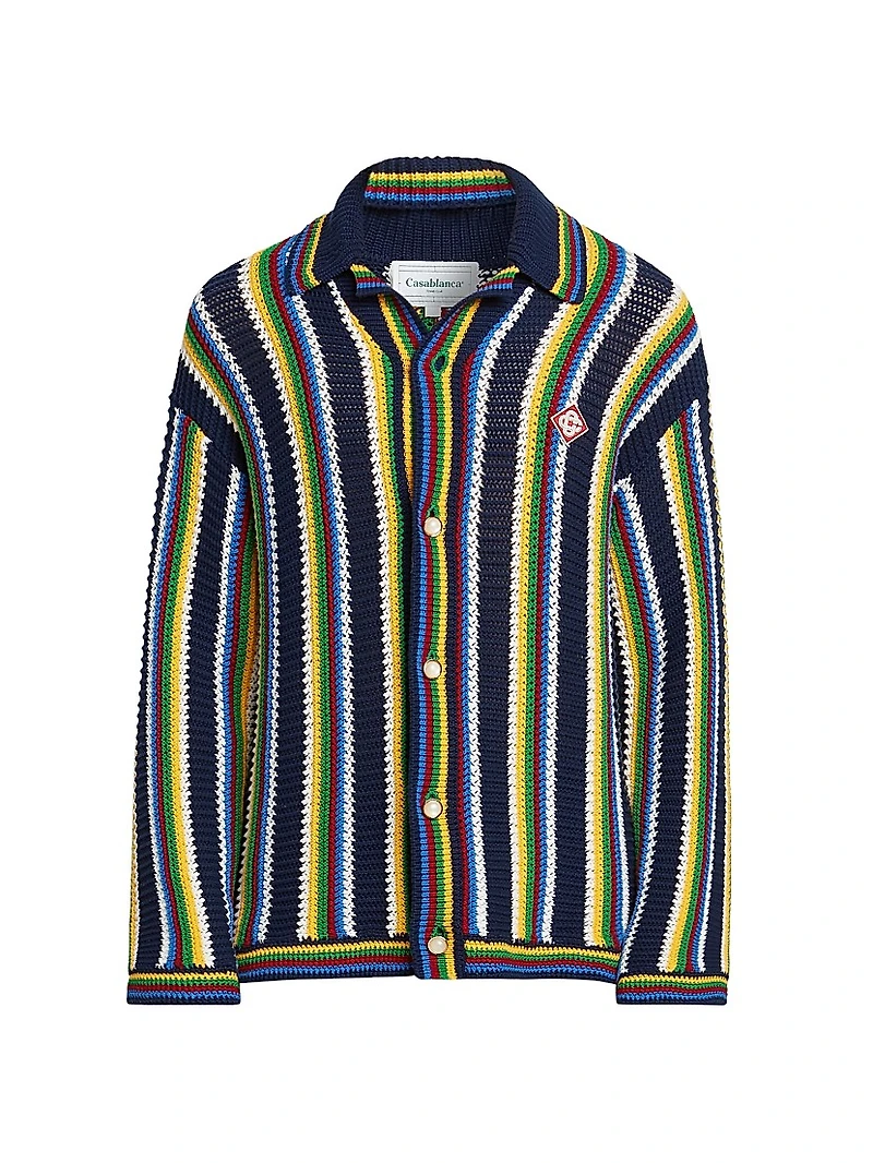 Striped Crocheted Cotton-Blend Long-Sleeve Top