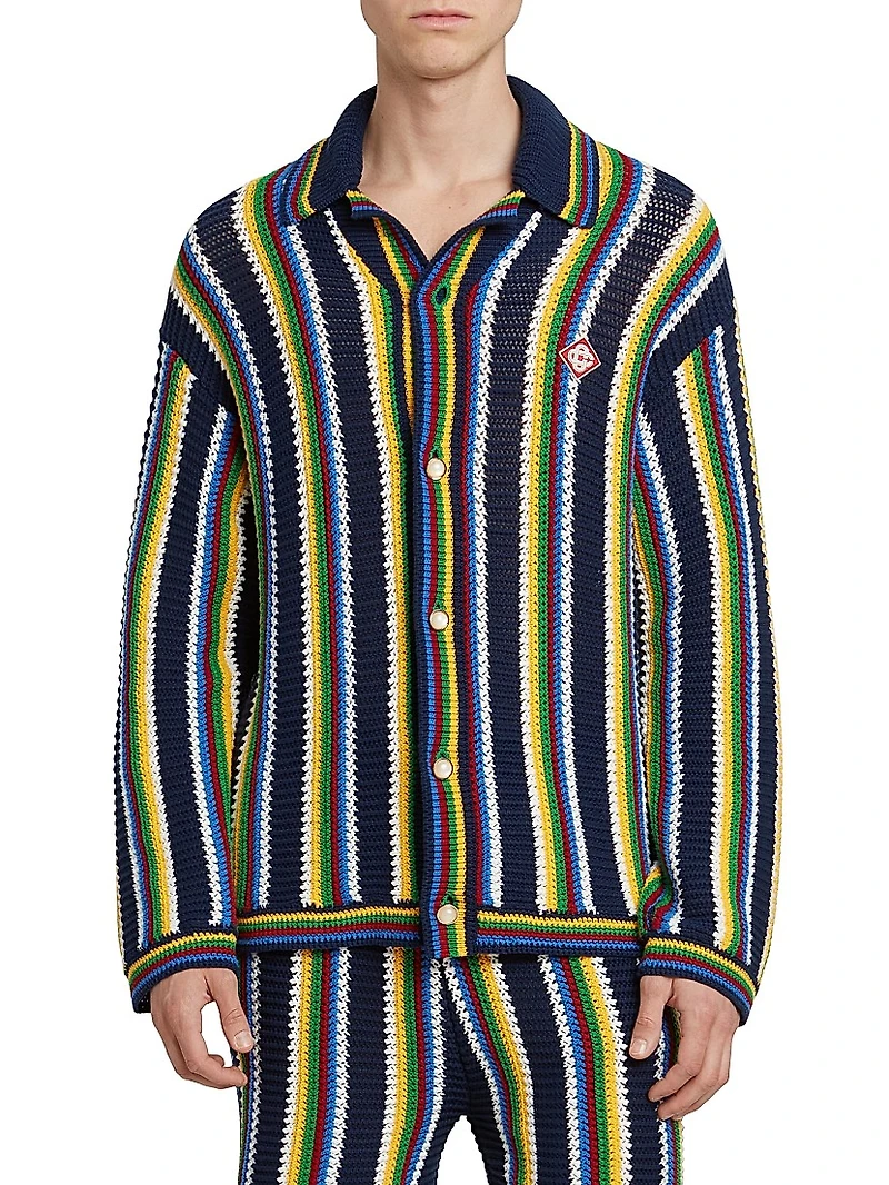 Striped Crocheted Cotton-Blend Long-Sleeve Top