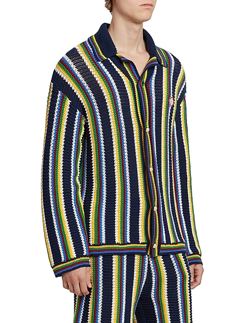 Striped Crocheted Cotton-Blend Long-Sleeve Top