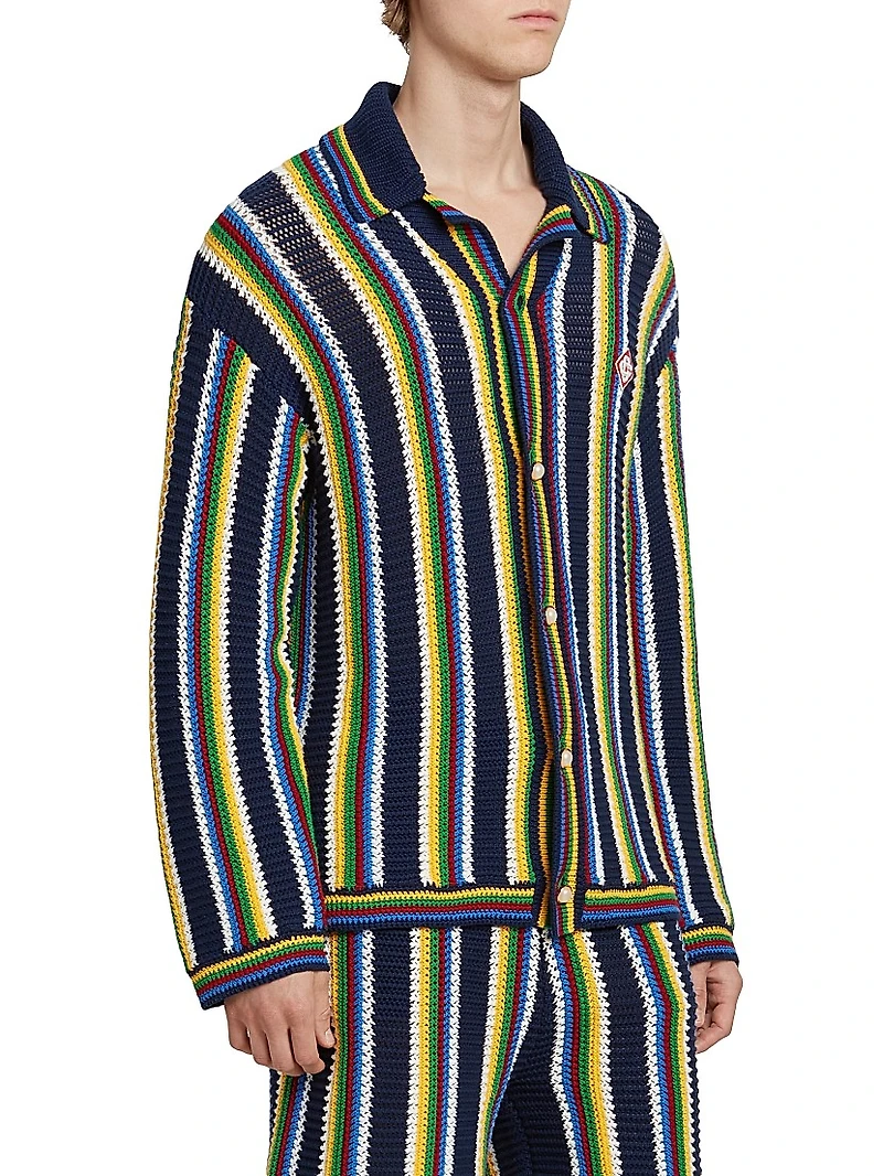 Striped Crocheted Cotton-Blend Long-Sleeve Top