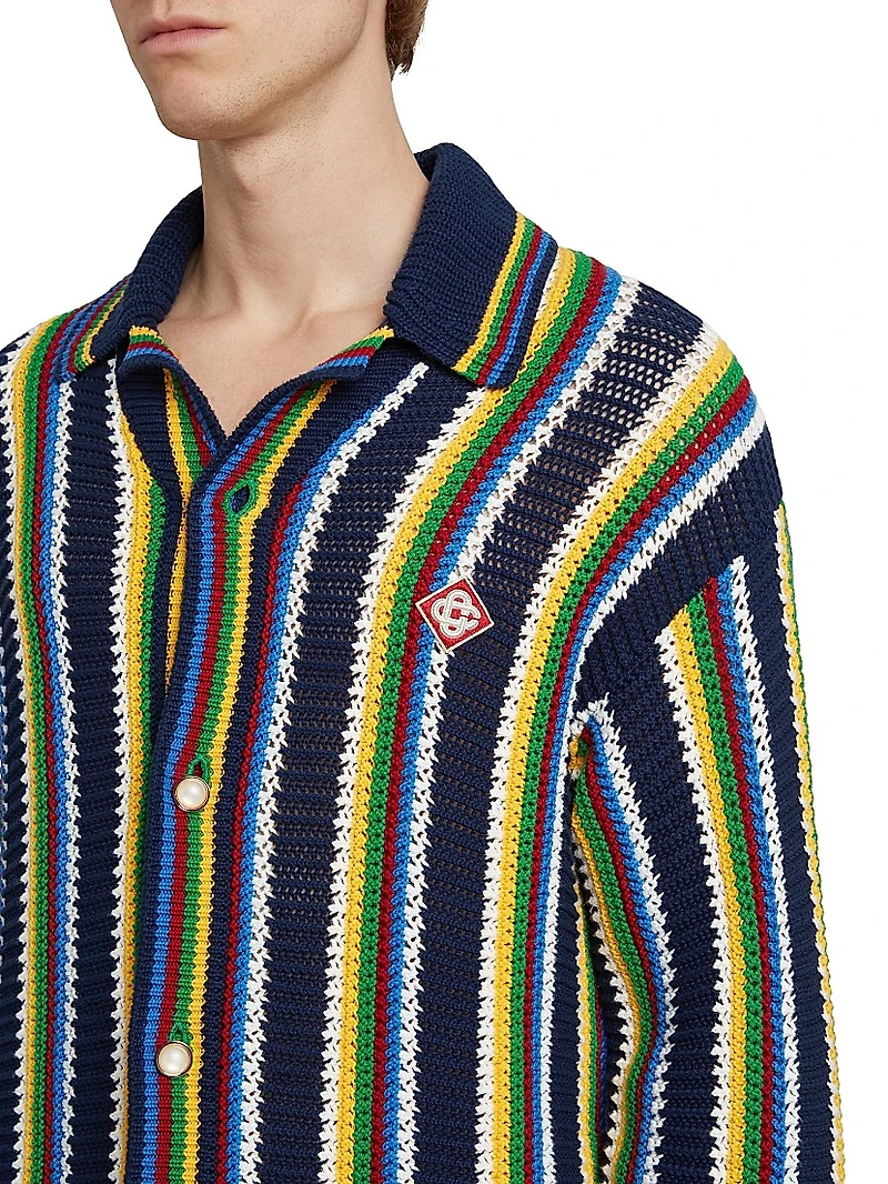 Striped Crocheted Cotton-Blend Long-Sleeve Top